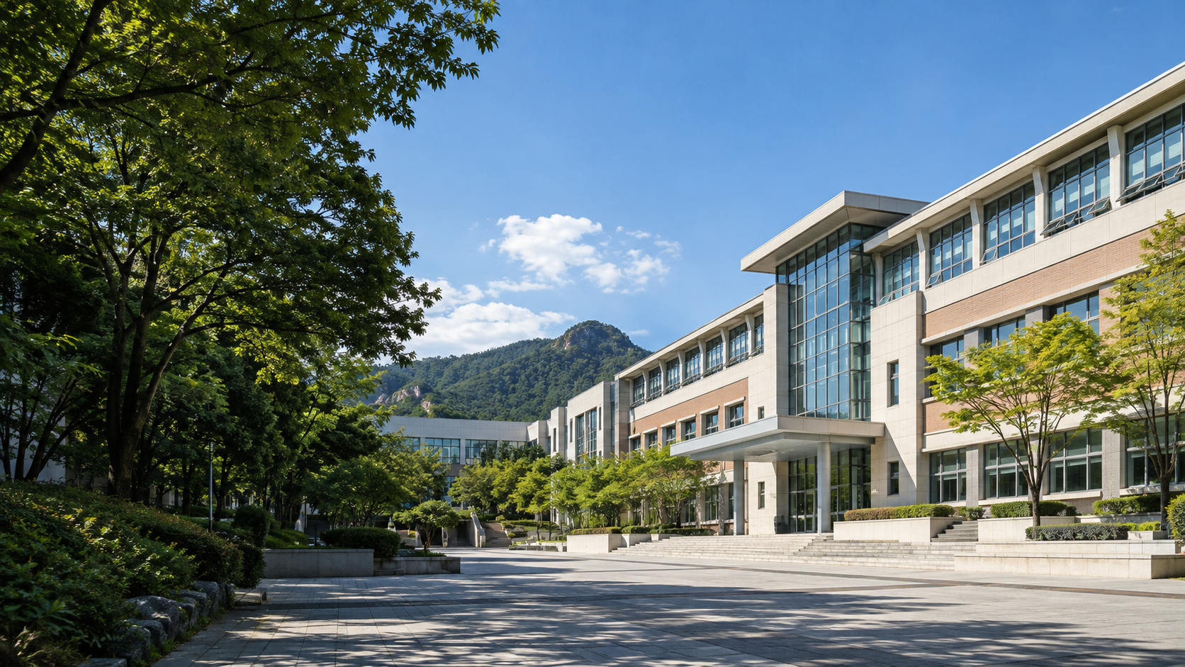 맑은 하늘과 푸른 나무가 어우러진 학교 풍경